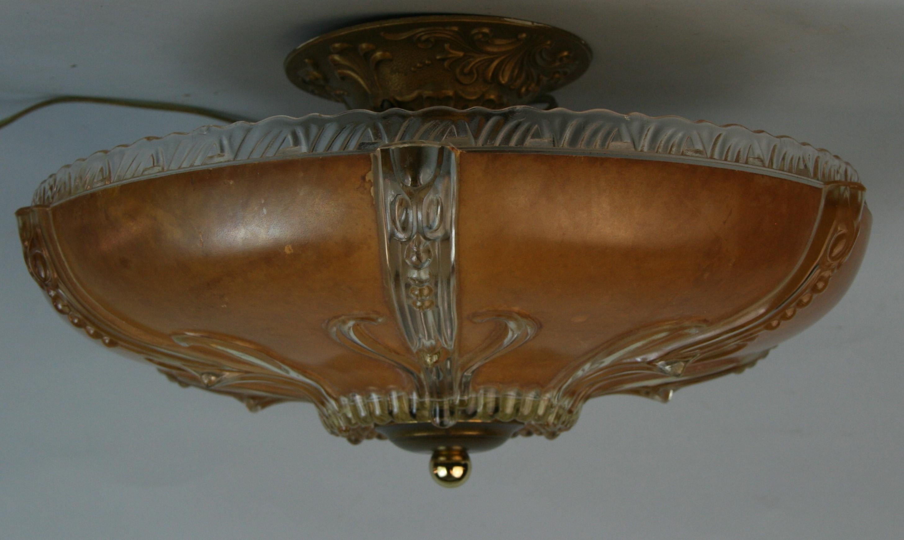 Art Deco Ceiling Light Amber and Embossed Clear glass 1930's In Good Condition For Sale In Douglas Manor, NY