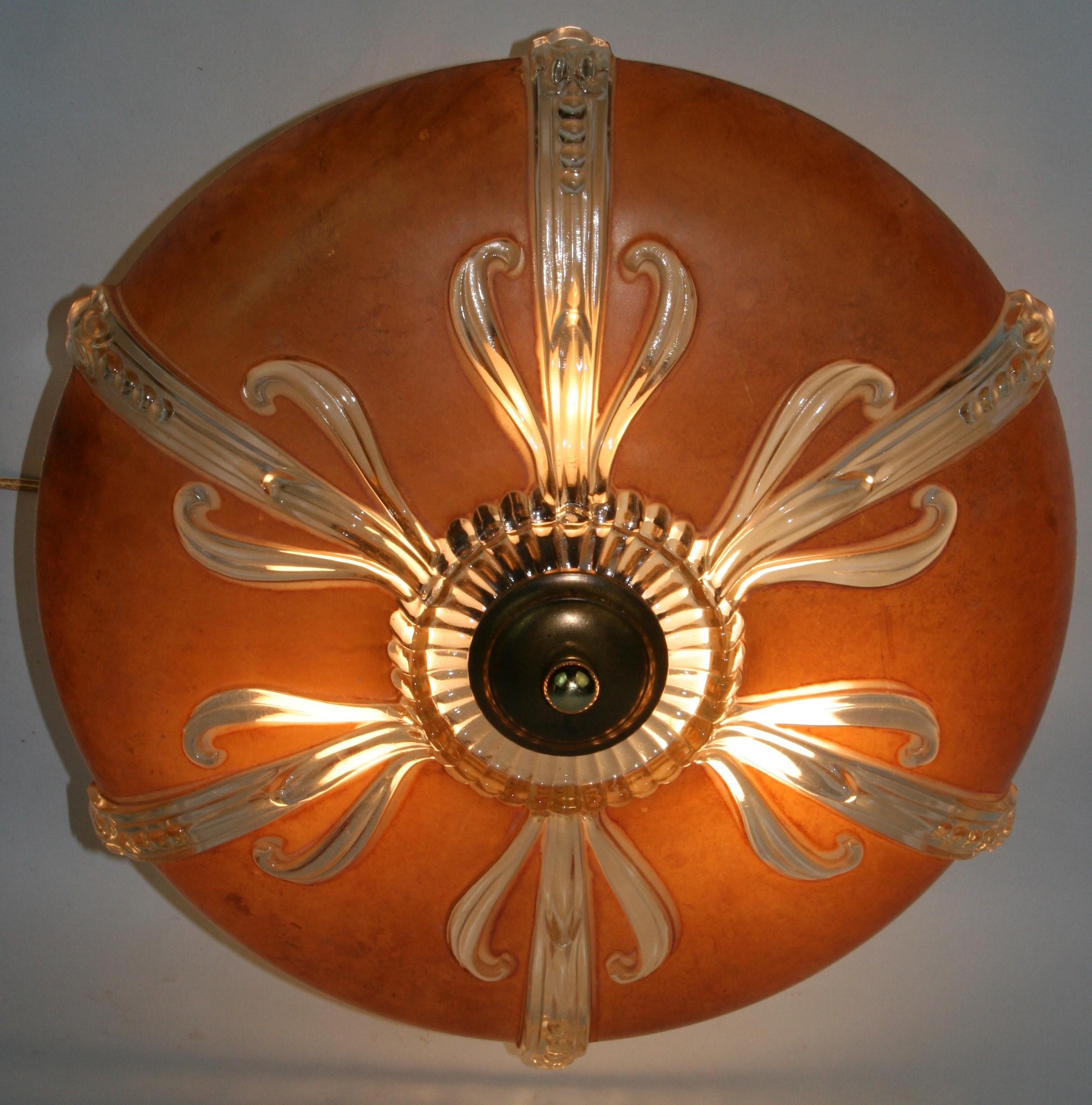 Mid-20th Century Art Deco Ceiling Light Amber and Embossed Clear glass 1930's For Sale