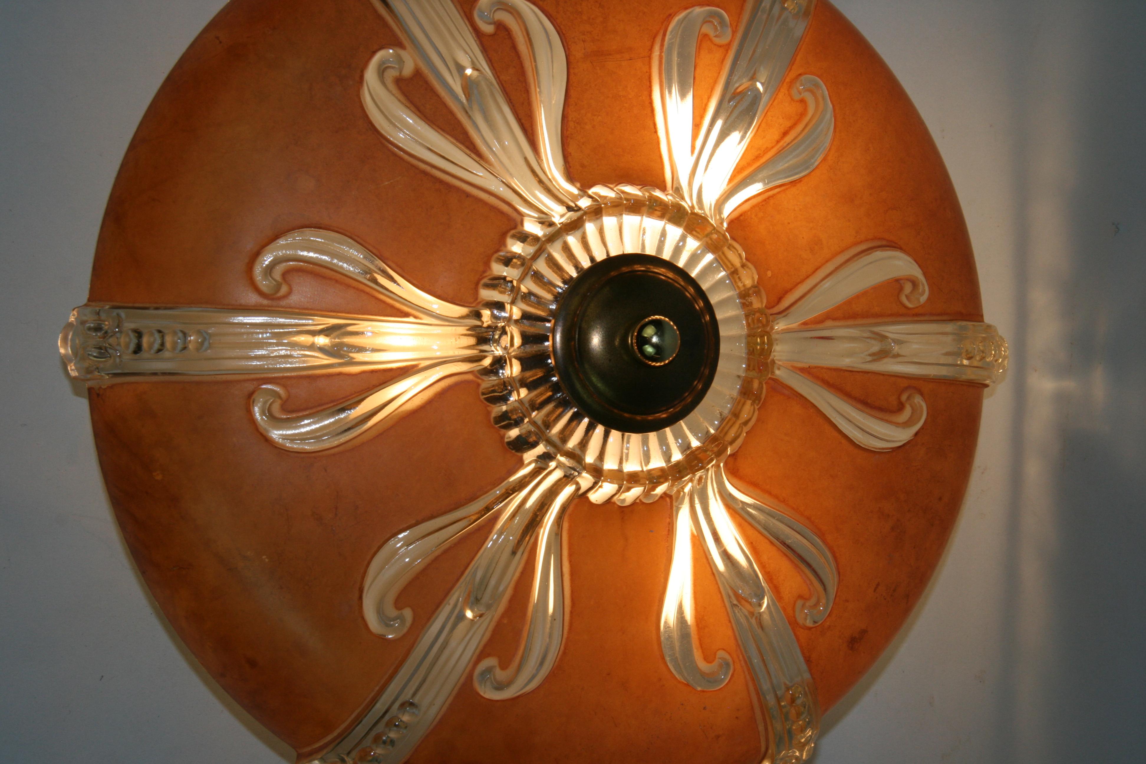 Art Glass Art Deco Ceiling Light Amber and Embossed Clear glass 1930's For Sale