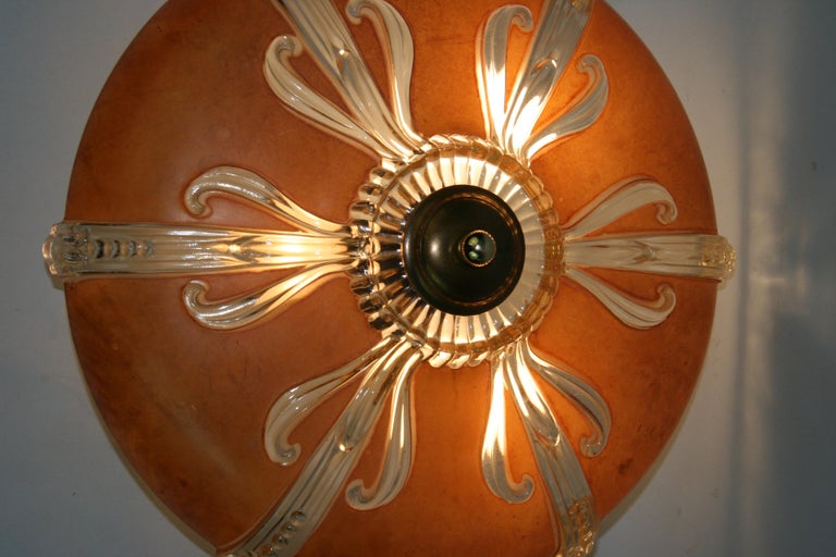 Art Deco Ceiling Light Amber and Embossed Clear glass 1930's For Sale ...