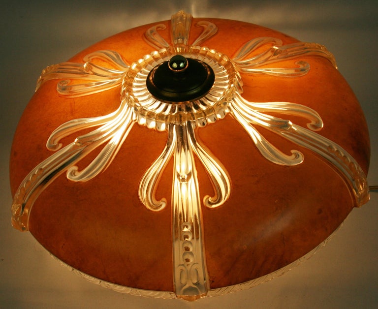Art Deco Ceiling Light Amber and Embossed Clear glass 1930's For Sale