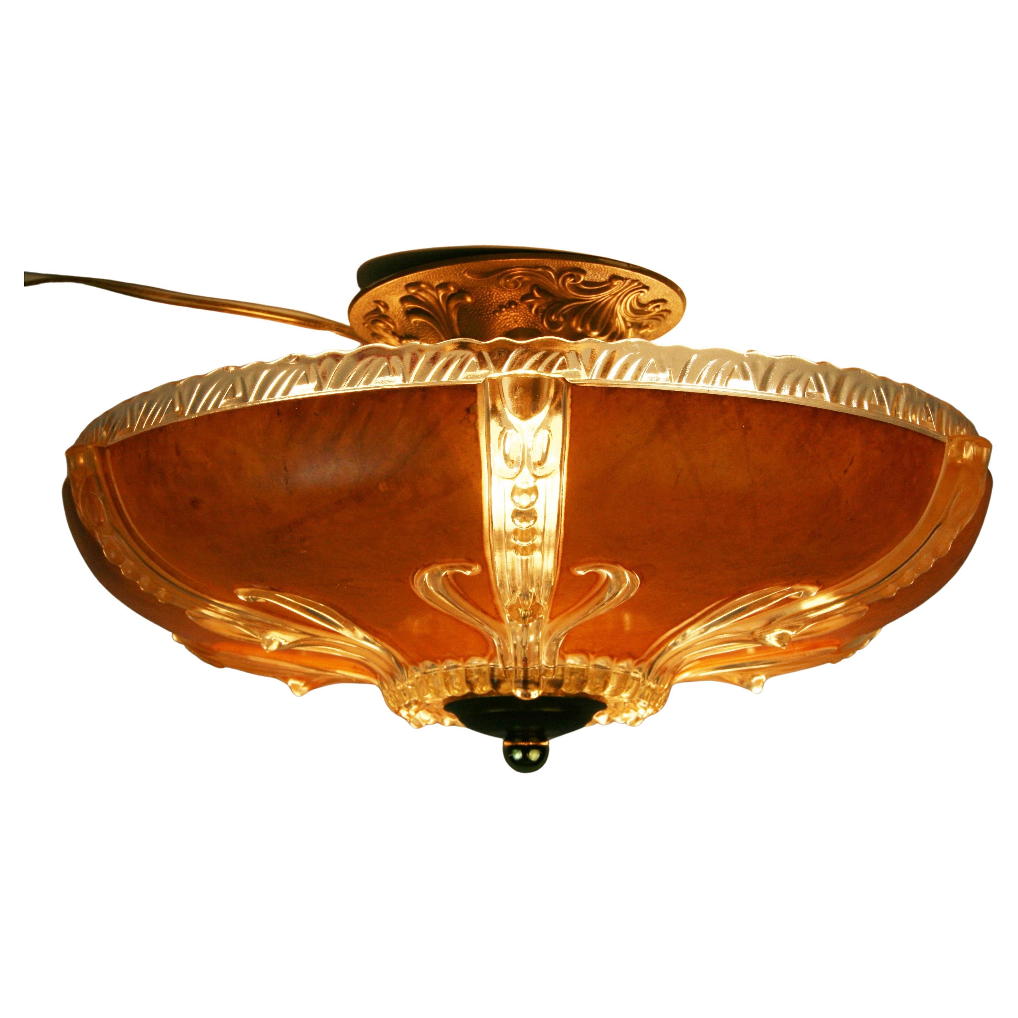 Art Deco Ceiling Light Amber and Embossed Clear glass 1930's For Sale