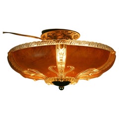 Vintage Art Deco Ceiling Light Amber and Embossed Clear glass 1930's