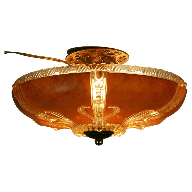 Art Deco Ceiling Light Amber and Embossed Clear glass 1930's For Sale