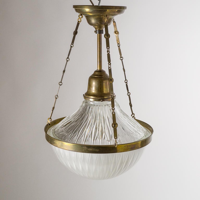 Art Deco Ceiling Light, Brass and Holophane Glass, circa 1920 For Sale