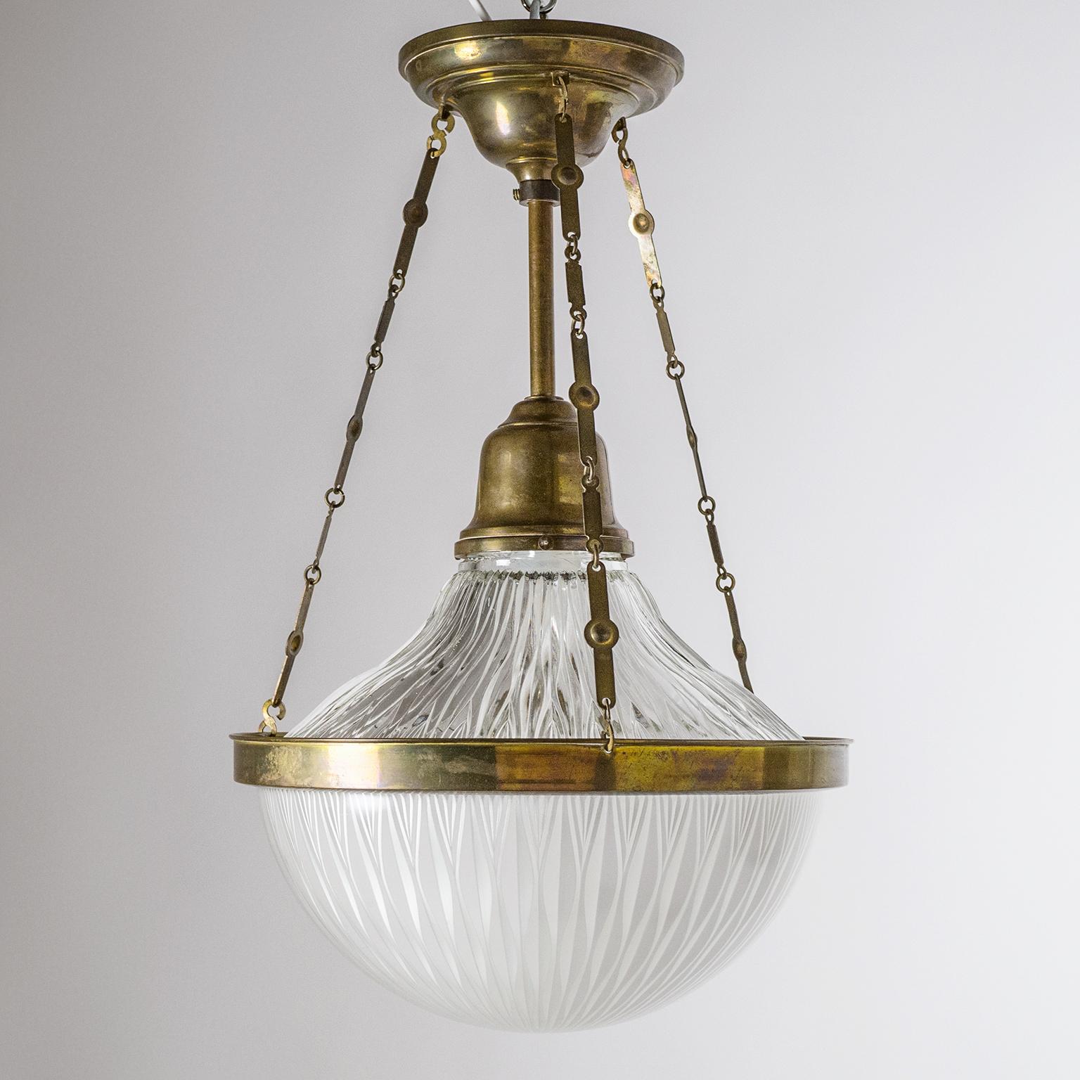 Art Deco Ceiling Light, Brass and Holophane Glass, circa 1920 8