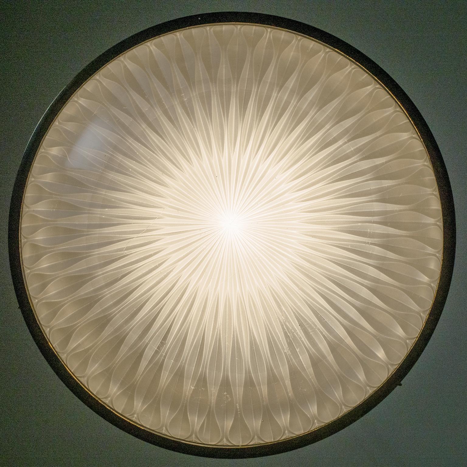 20th Century Art Deco Ceiling Light, Brass and Holophane Glass, circa 1920