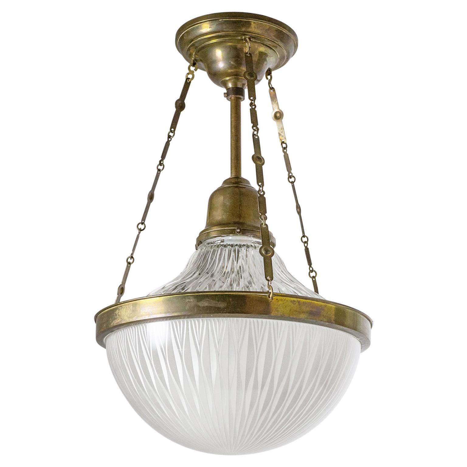 Art Deco Ceiling Light, Brass and Holophane Glass, circa 1920