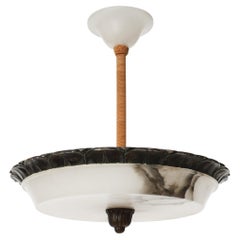 Art Deco Ceiling Light Chandelier, Carved and Blackened Alabaster Bronze, 1930s