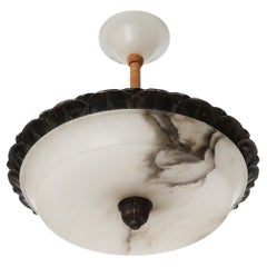 Art Deco Ceiling Light Chandelier, Carved and Blackened Alabaster Bronze, 1930s