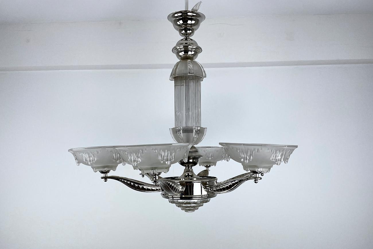 French Art Deco Ceiling Light / Chandelier with Glass France Around 1925, Newly Chromed For Sale