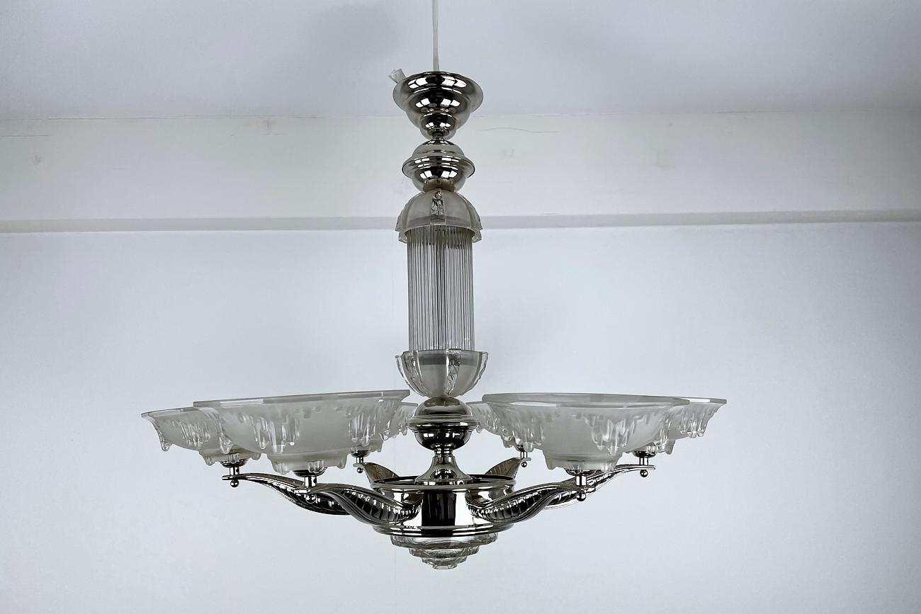 Frosted Art Deco Ceiling Light / Chandelier with Glass France Around 1925, Newly Chromed For Sale