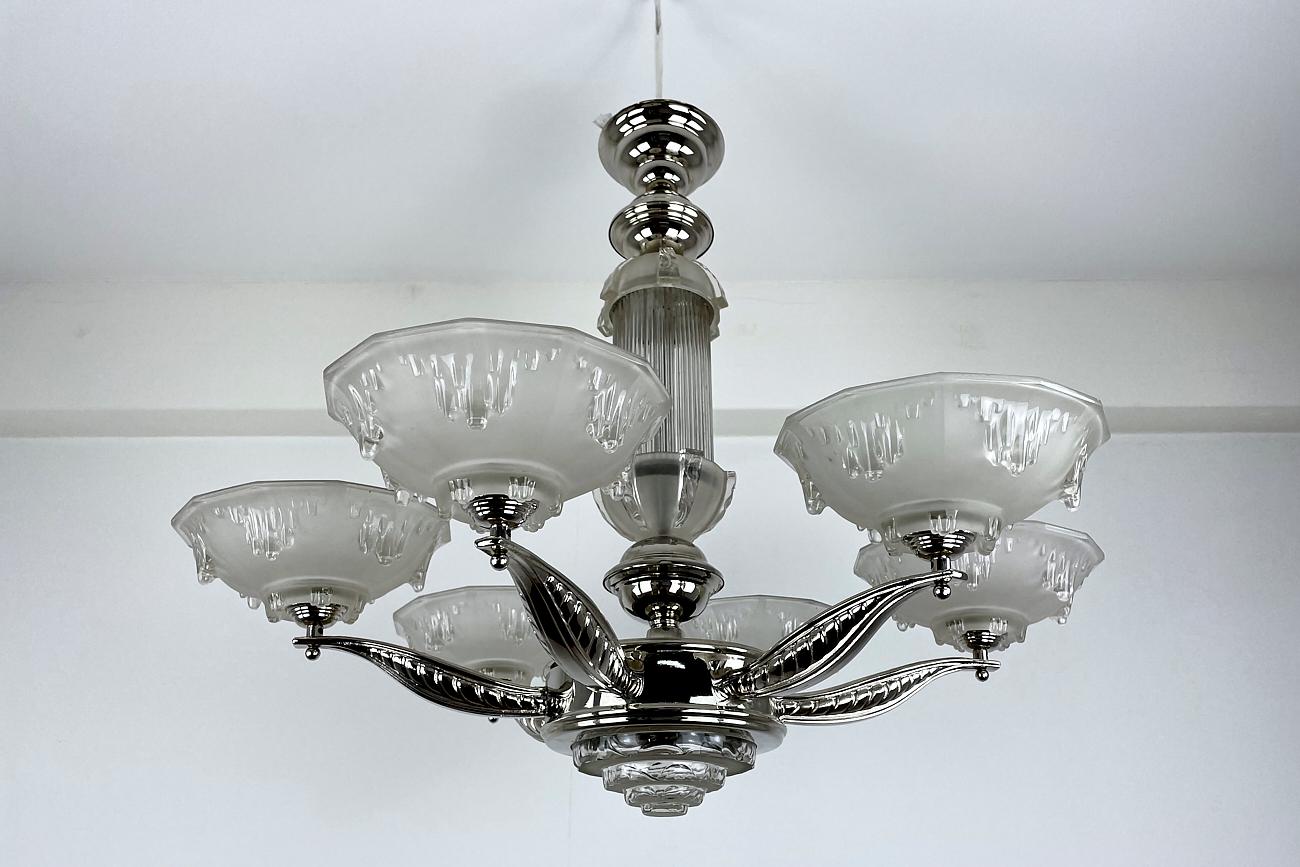 Art Deco Ceiling Light / Chandelier with Glass France Around 1925, Newly Chromed In Good Condition For Sale In Greven, DE