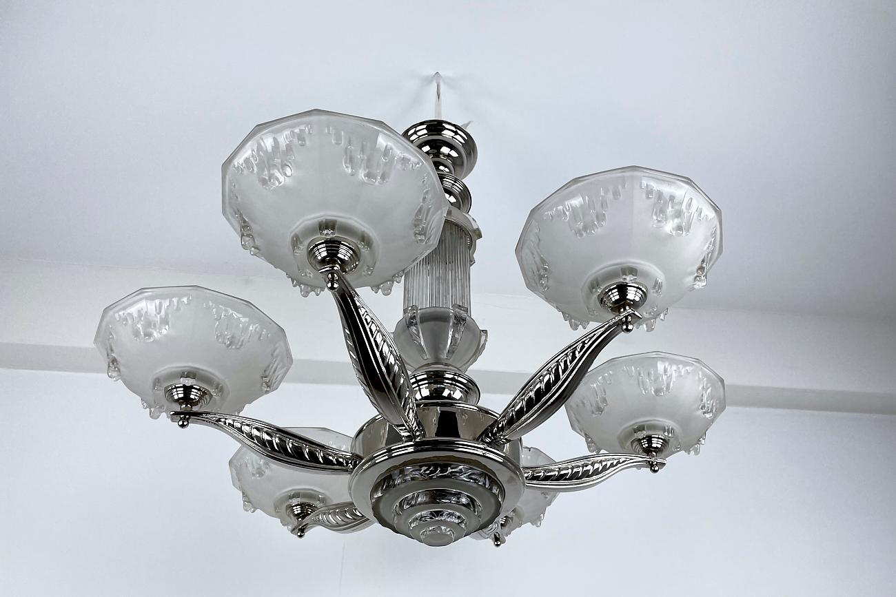 Early 20th Century Art Deco Ceiling Light / Chandelier with Glass France Around 1925, Newly Chromed For Sale