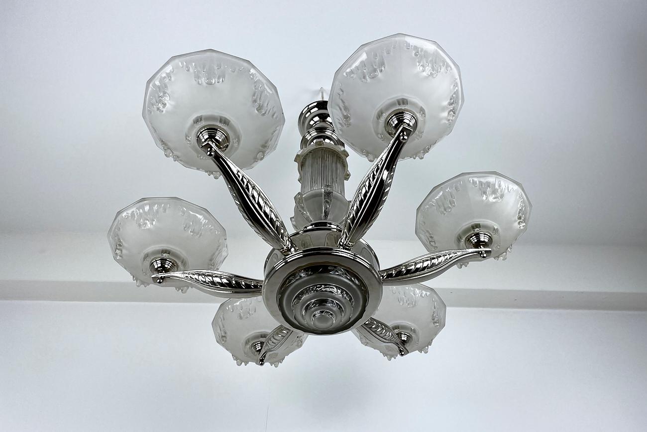 Art Deco Ceiling Light / Chandelier with Glass France Around 1925, Newly Chromed For Sale 1