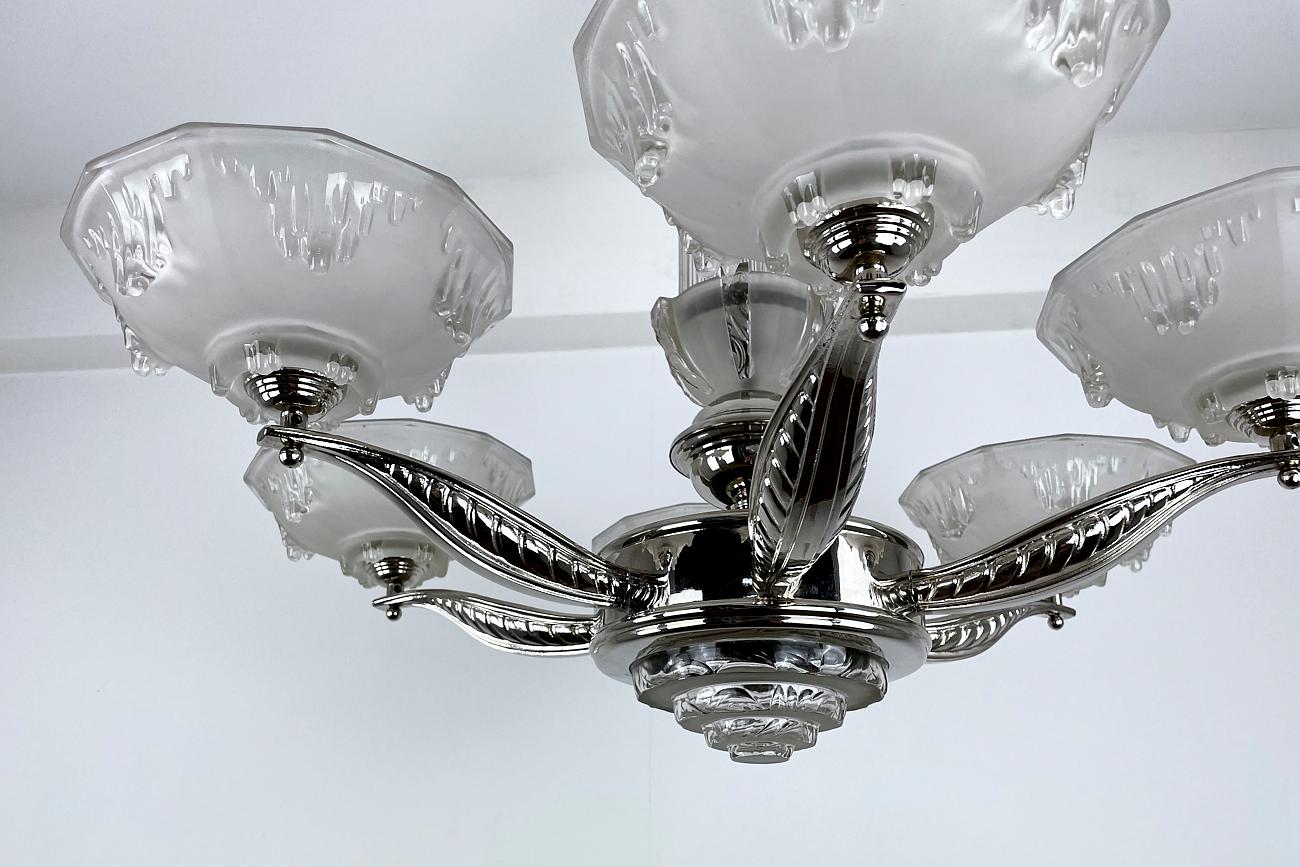 Art Deco Ceiling Light / Chandelier with Glass France Around 1925, Newly Chromed For Sale 2