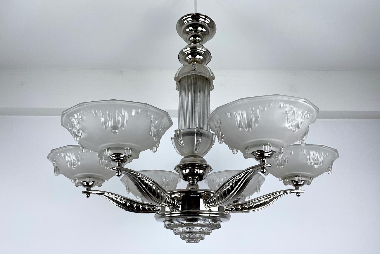 Art Deco Ceiling Light / Chandelier with Glass France Around 1925, Newly Chromed For Sale 3
