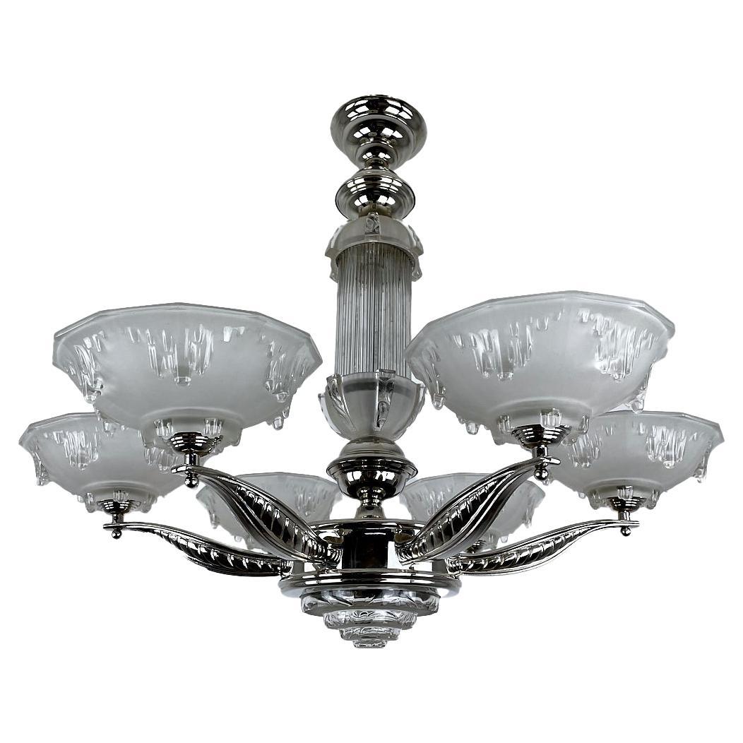 Art Deco Ceiling Light / Chandelier with Glass France Around 1925, Newly Chromed For Sale