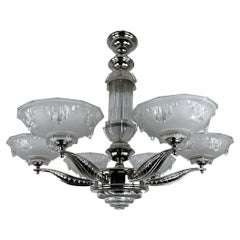 Art Deco Ceiling Light / Chandelier with Glass France Around 1925, Newly Chromed