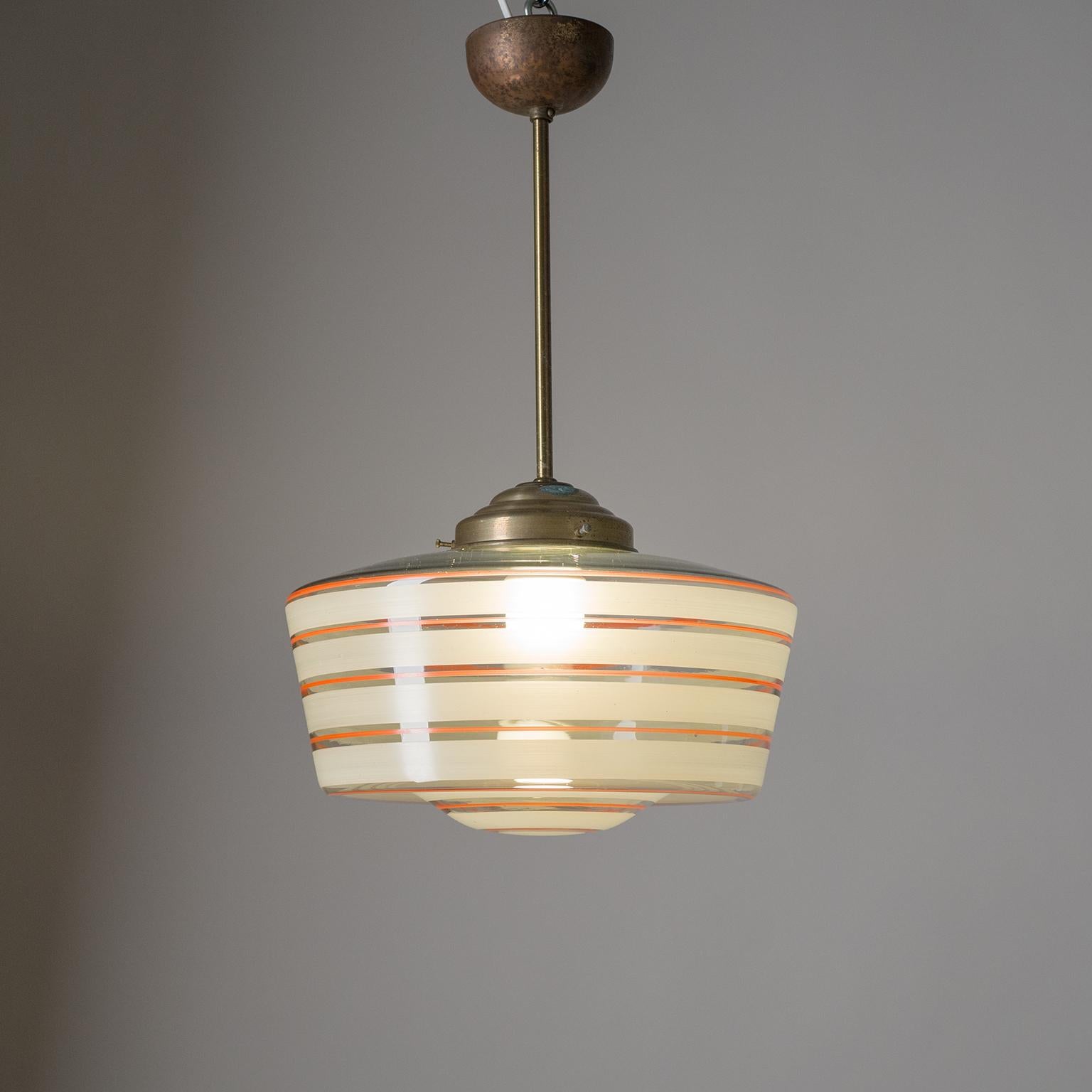 Art Deco Ceiling Light, circa 1930, Hand-Painted Glass and Brass 2