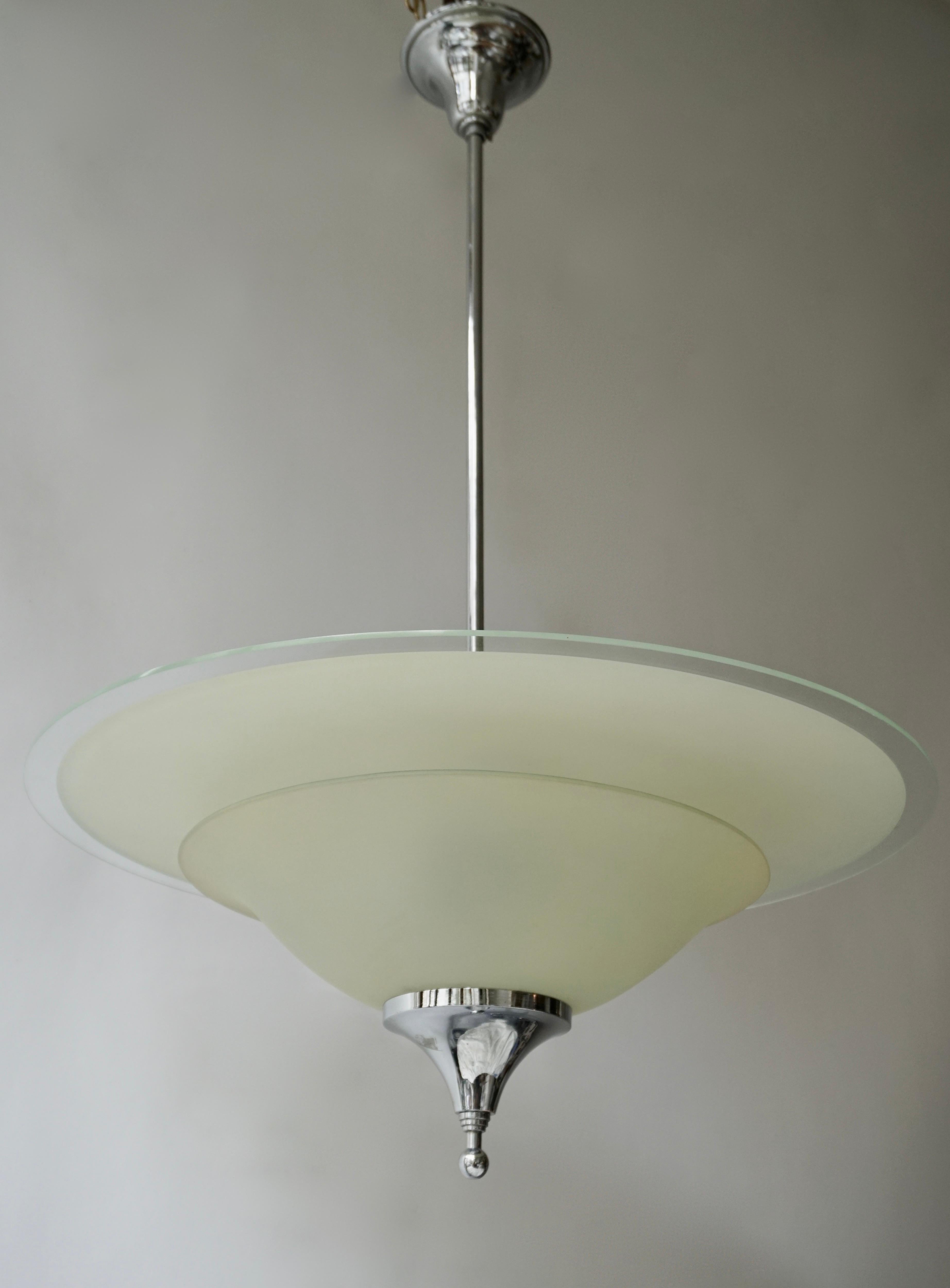 Art Deco Ceiling Light in Glass and Chrome, Belgium, 1930s For Sale 2