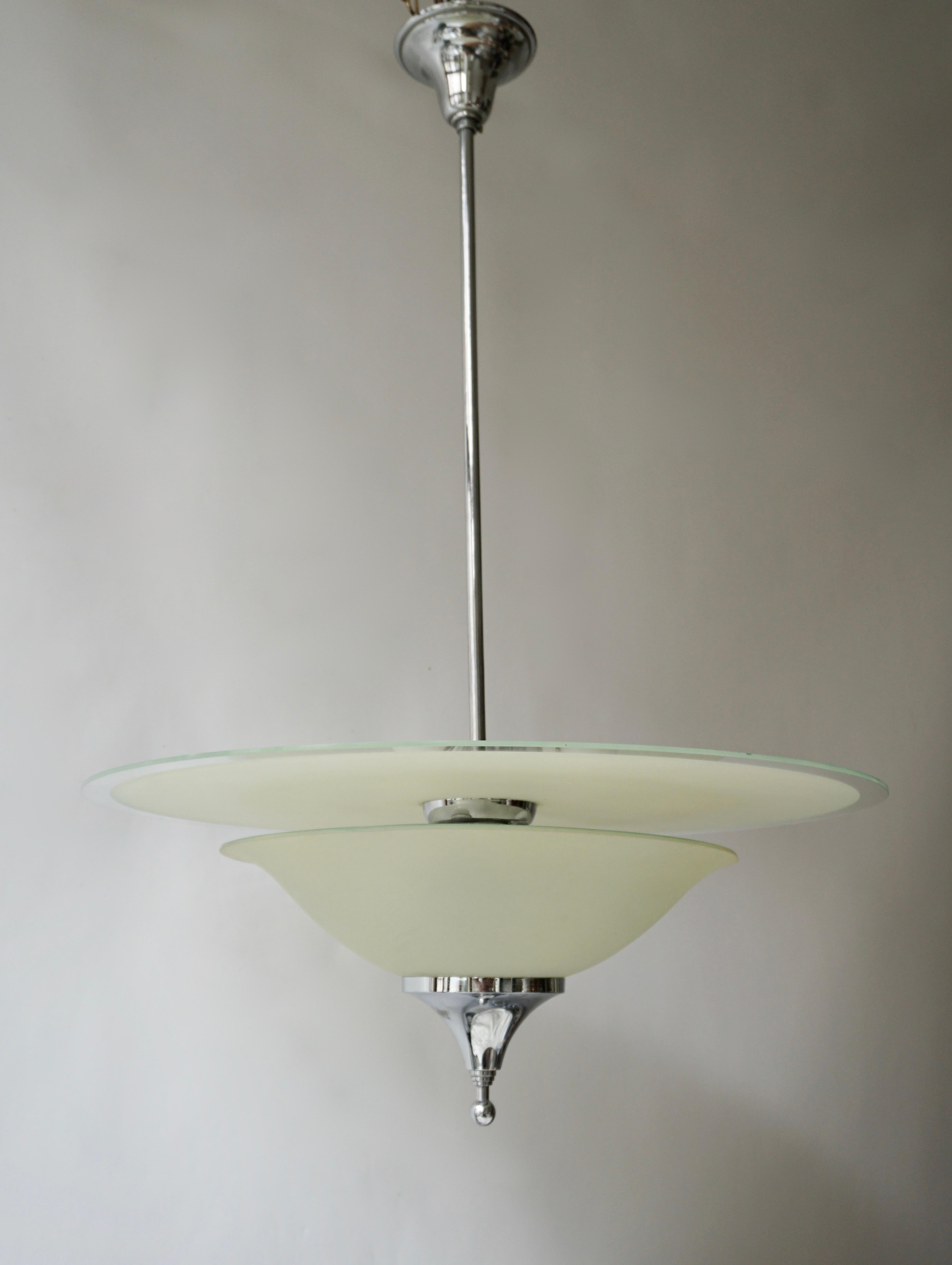 Mid-Century Modern Art Deco Ceiling Light in Glass and Chrome, Belgium, 1930s For Sale