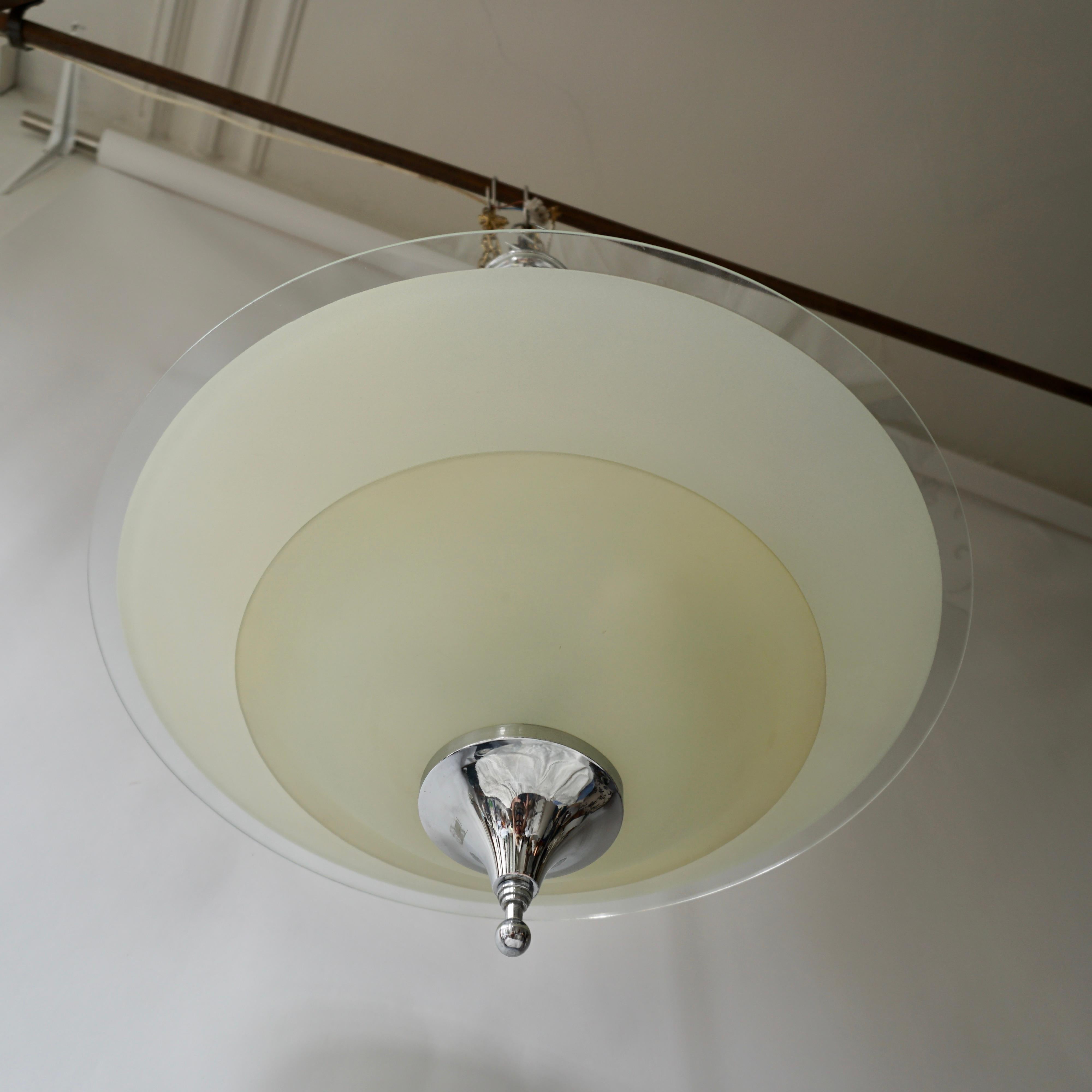 Frosted Art Deco Ceiling Light in Glass and Chrome, Belgium, 1930s For Sale