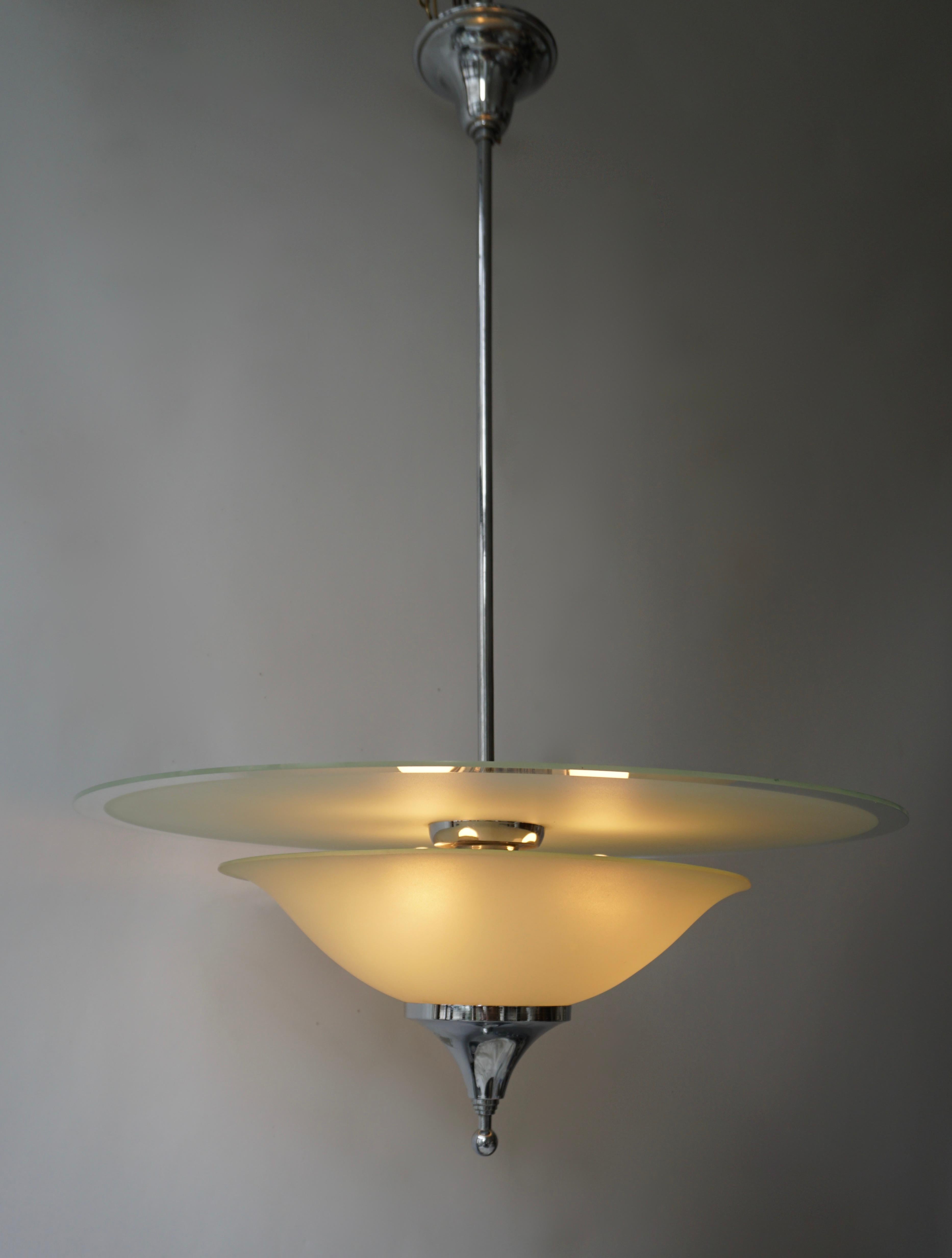 20th Century Art Deco Ceiling Light in Glass and Chrome, Belgium, 1930s For Sale