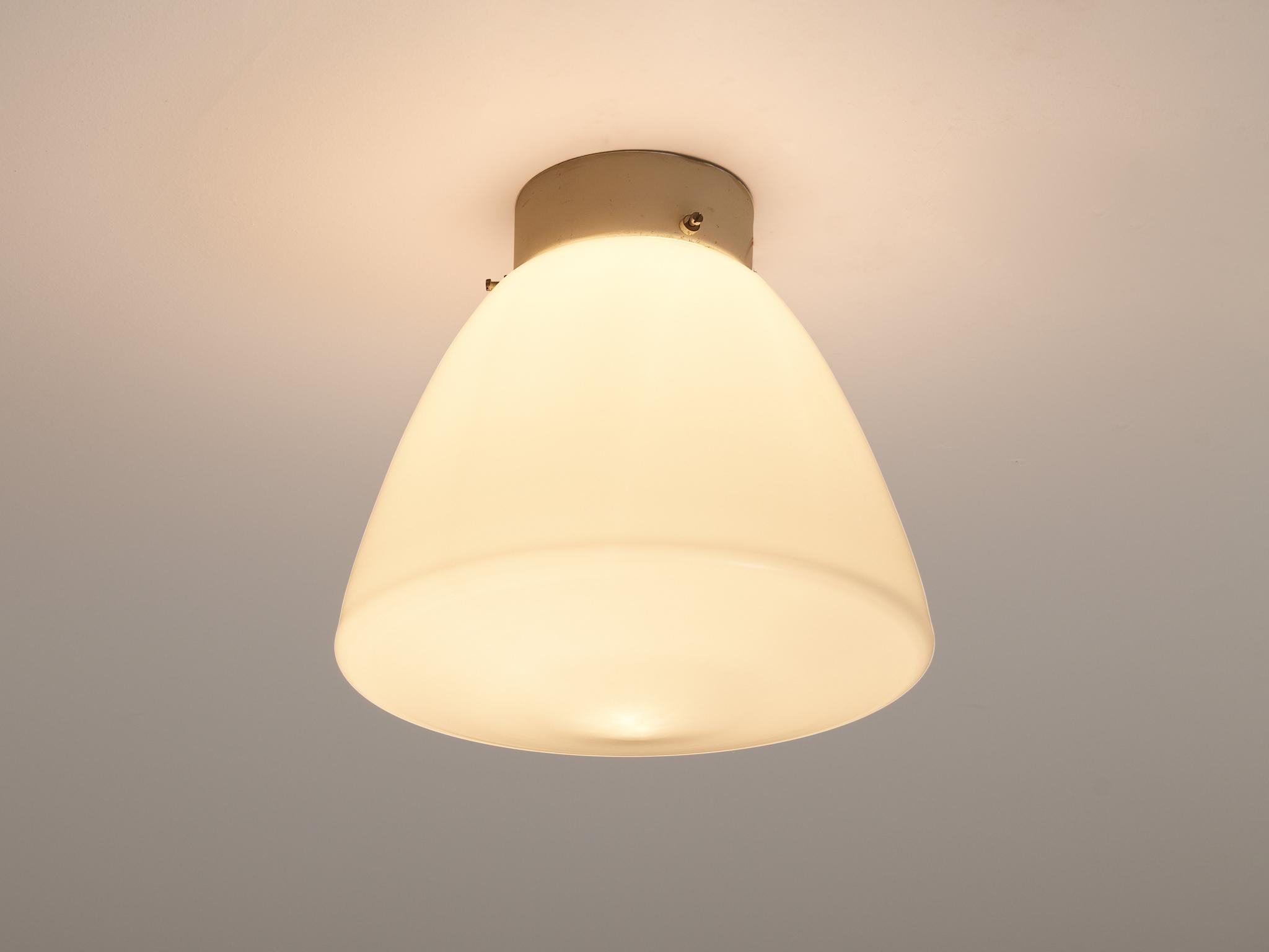 Ceiling light, opaline glass, lacquered metal, Europe, 1940s. 

This Art Deco ceiling light features a remarkable organic cone shaped glass shade. Contrary to the rounded lines, the closed bottom of the shade is sharply lined. A white lacquered