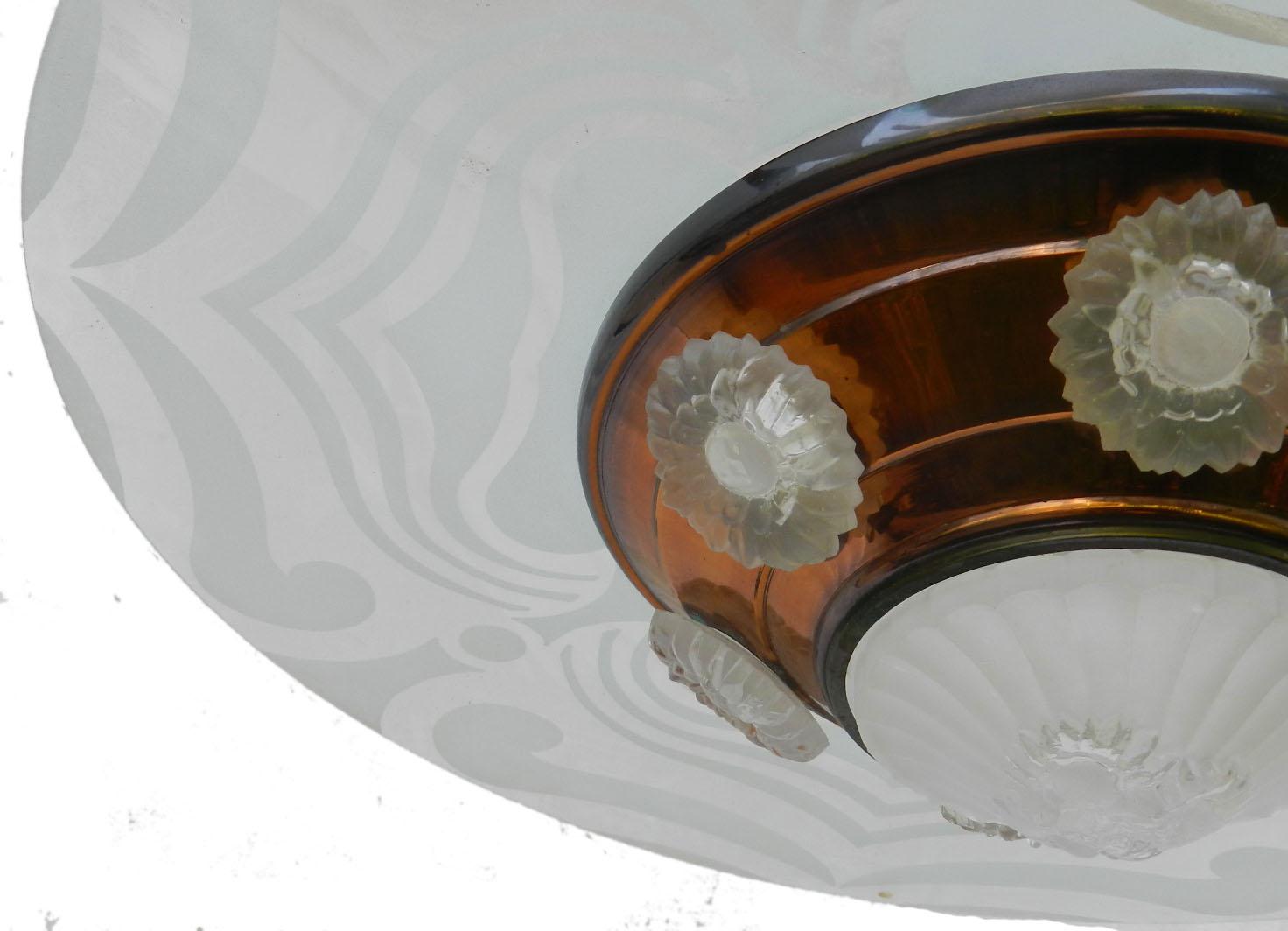 French Art Deco Pendant Light Chandelier Copper Ezan Glass UFO, circa 1930