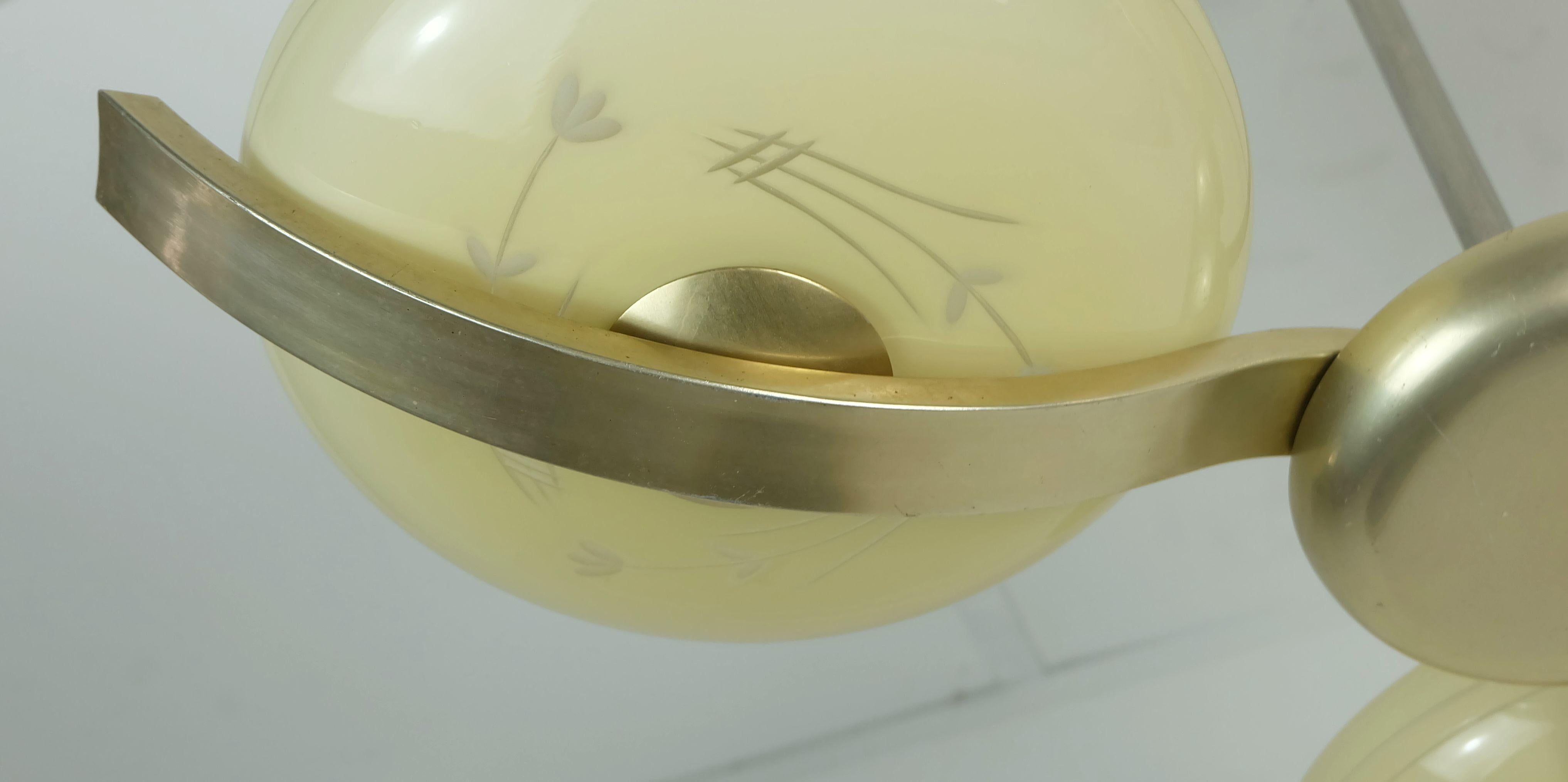 Art Deco art deco CEILING LIGHT with 3 glass shades 1930s 40s glass and metal 30s For Sale