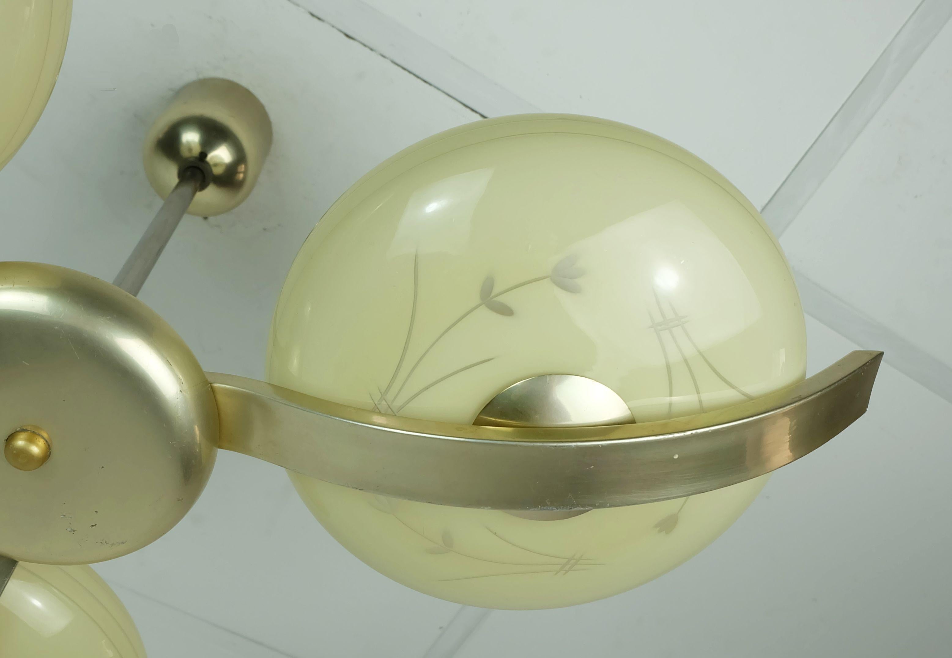 Mid-20th Century art deco CEILING LIGHT with 3 glass shades 1930s 40s glass and metal 30s For Sale