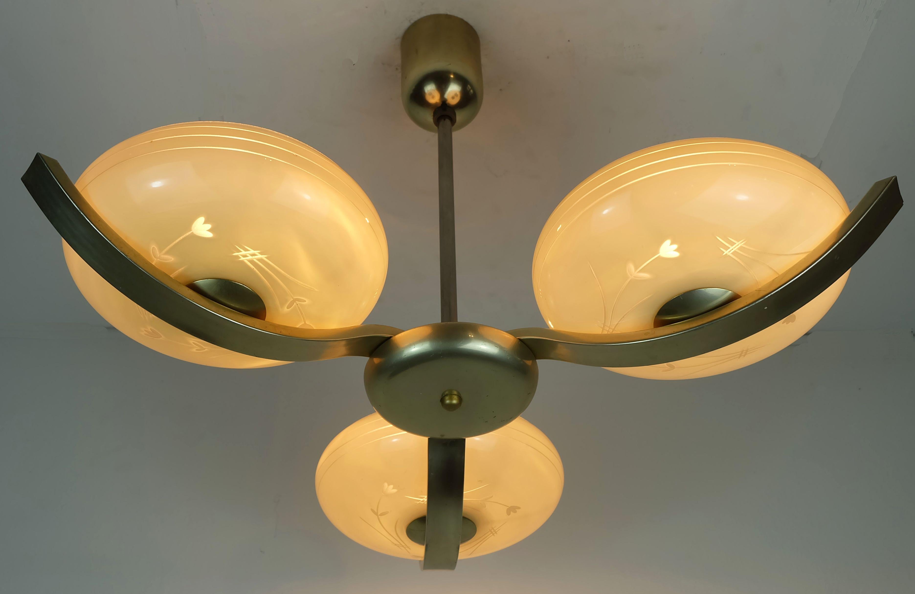 Metal art deco CEILING LIGHT with 3 glass shades 1930s 40s glass and metal 30s For Sale