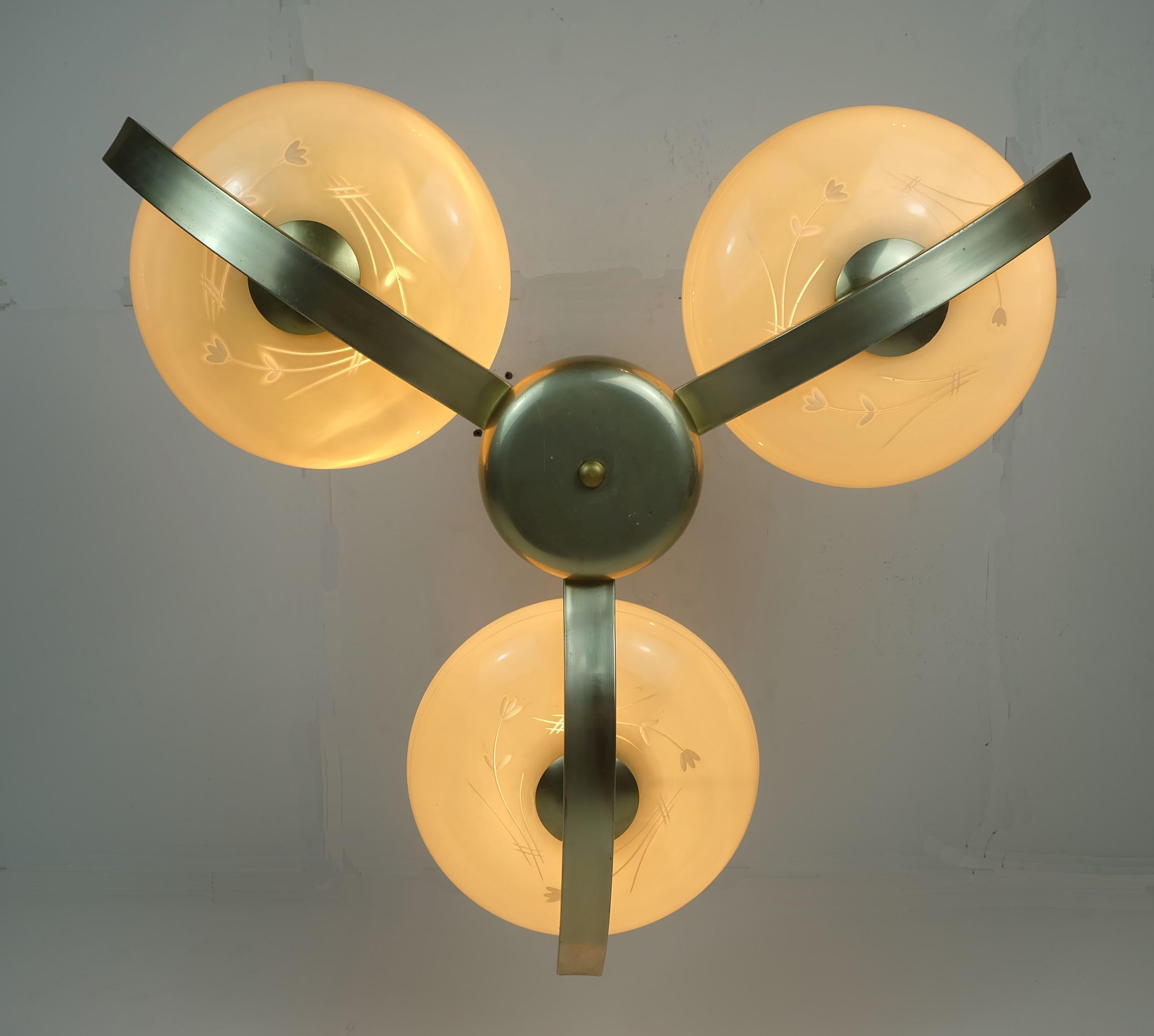 art deco CEILING LIGHT with 3 glass shades 1930s 40s glass and metal 30s For Sale 2
