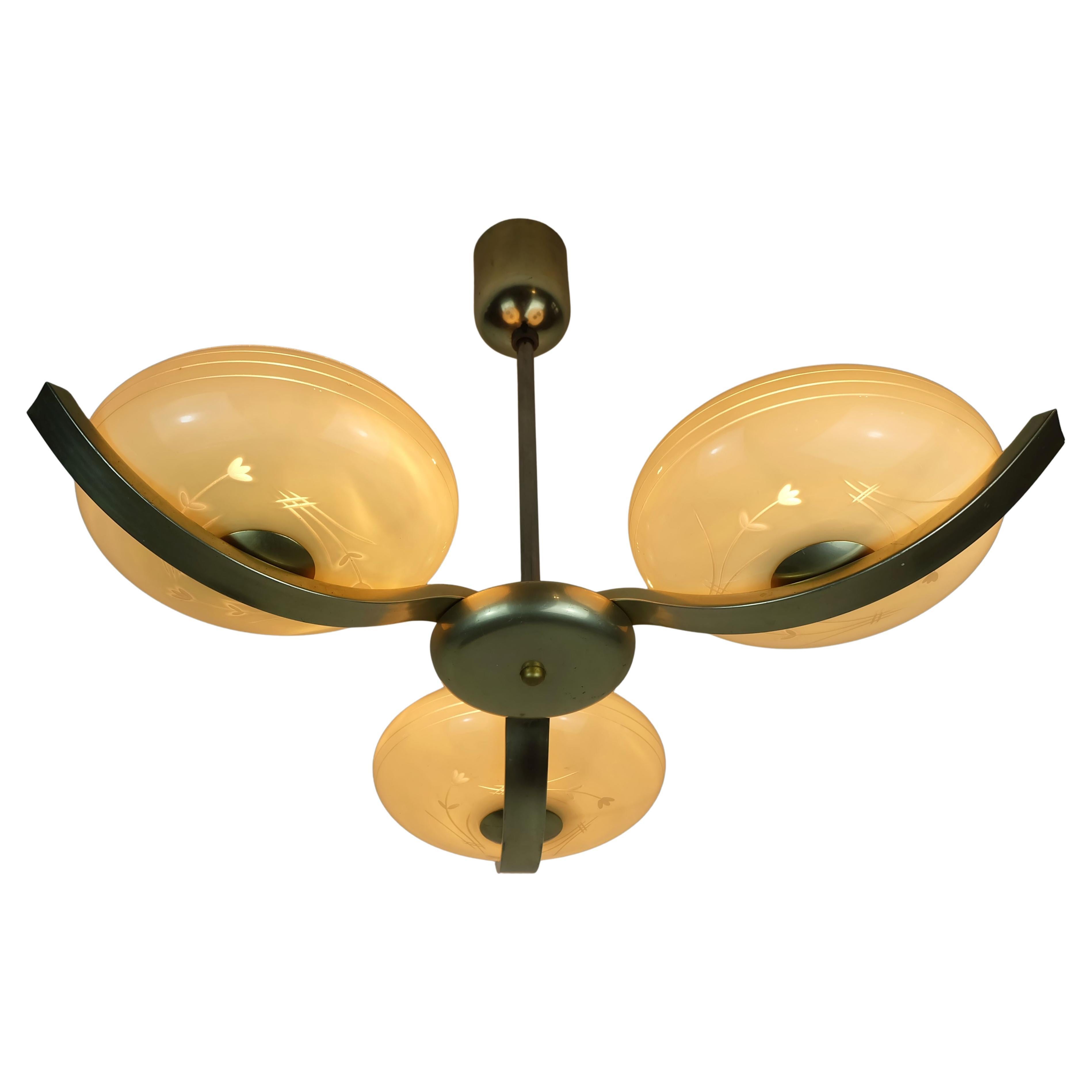 art deco CEILING LIGHT with 3 glass shades 1930s 40s glass and metal 30s For Sale