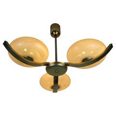 plafoniera art deco con 3 paralumi in vetro anni '30-'40 in vetro e metallo anni '30