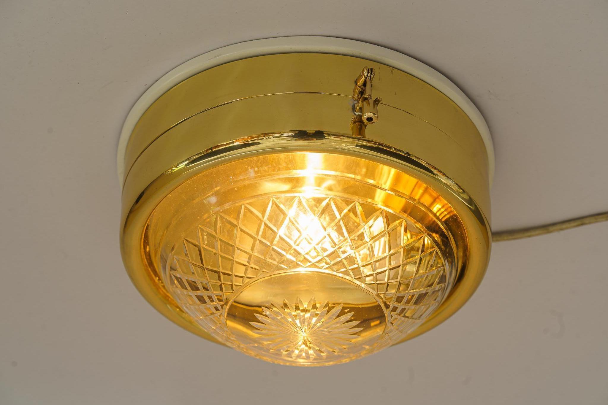 Brass Art Deco Ceiling or Wall Lamp with Original Cut Glass Shade Vienna Around 1920s For Sale