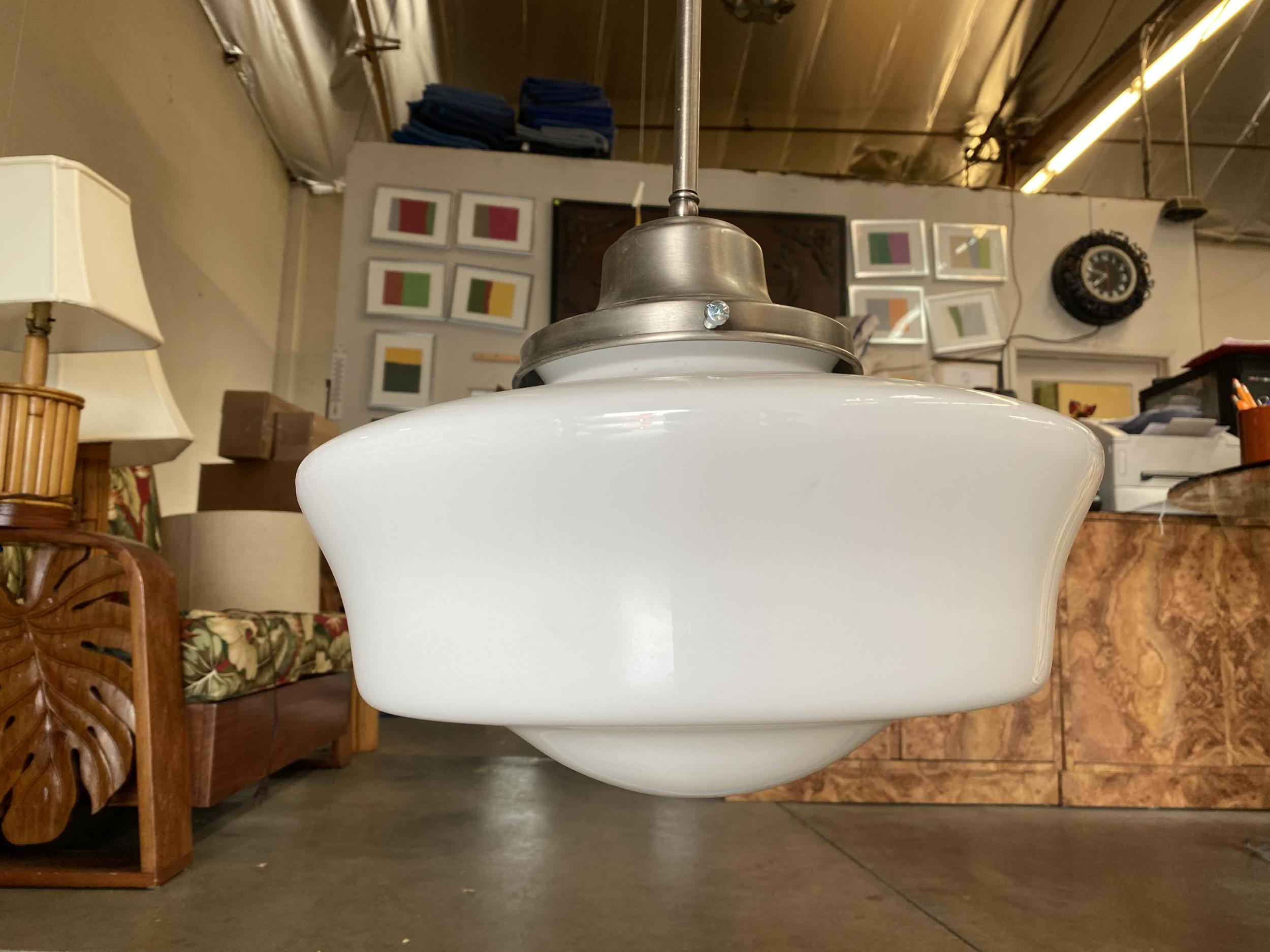 Art Deco Ceiling Pendant with School House Glass Globe In Excellent Condition In Van Nuys, CA