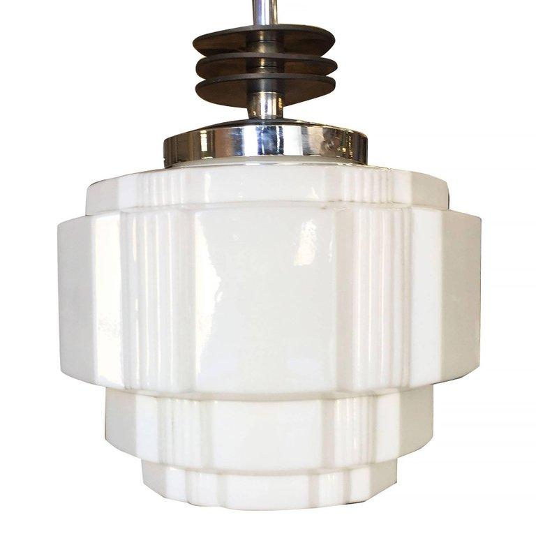 Art Deco Ceiling Pendant with School House Stepped Glass Globe In Excellent Condition For Sale In Van Nuys, CA