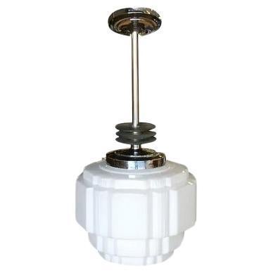 Art Deco Ceiling Pendant with School House Stepped Glass Globe For Sale
