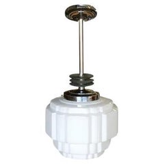Art Deco Ceiling Pendant with School House Stepped Glass Globe