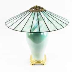 Art Deco Celadon Porcelain Mermaid Urn Lamp, Leaded Glass Slag Shade, Sea-foam