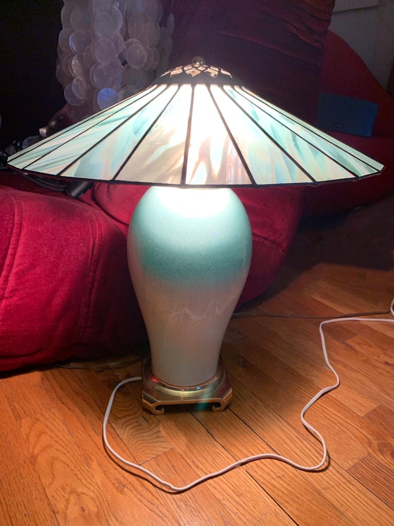 Art Deco Celadon Porcelain Mermaid Urn Lamp, Leaded Glass ...