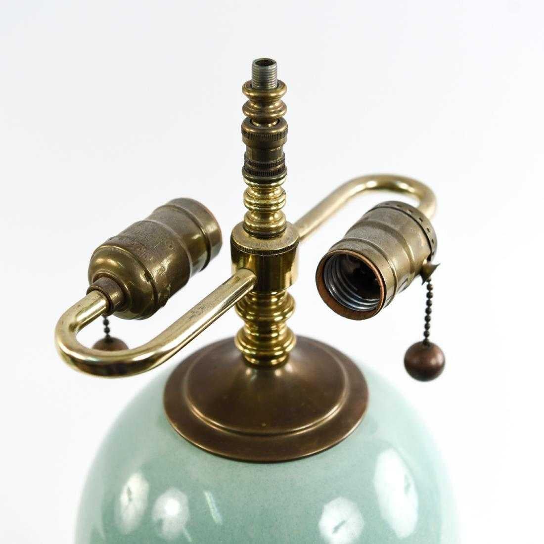 20th Century Art Deco Celadon Porcelain Mermaid Urn Lamp, Leaded Glass Slag Shade, Sea-foam