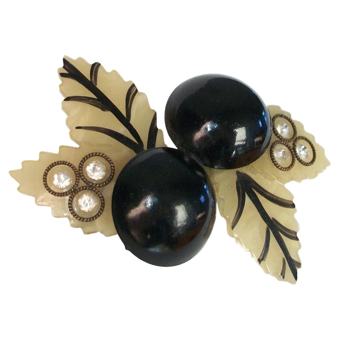 Art Deco Celluloid 'Black Cherry' Brooch with Rhinestones, Unsigned, circa 1930s
