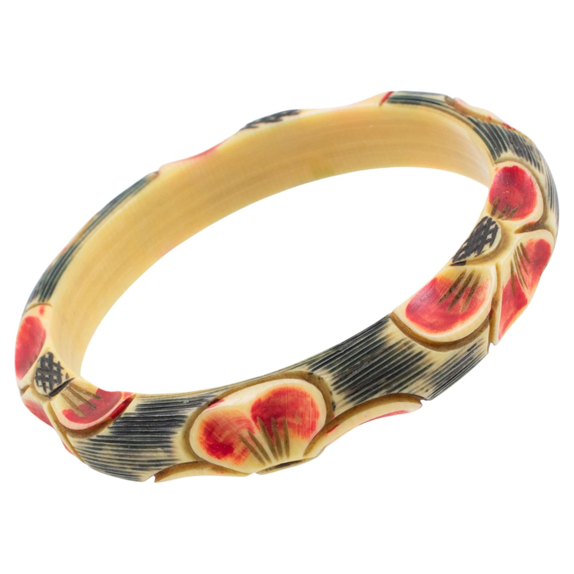 Art Deco Celluloid Bracelet Bangle with Daisy Flowers Carving