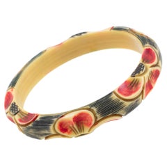 Art Deco Celluloid Bracelet Bangle with Daisy Flowers Carving