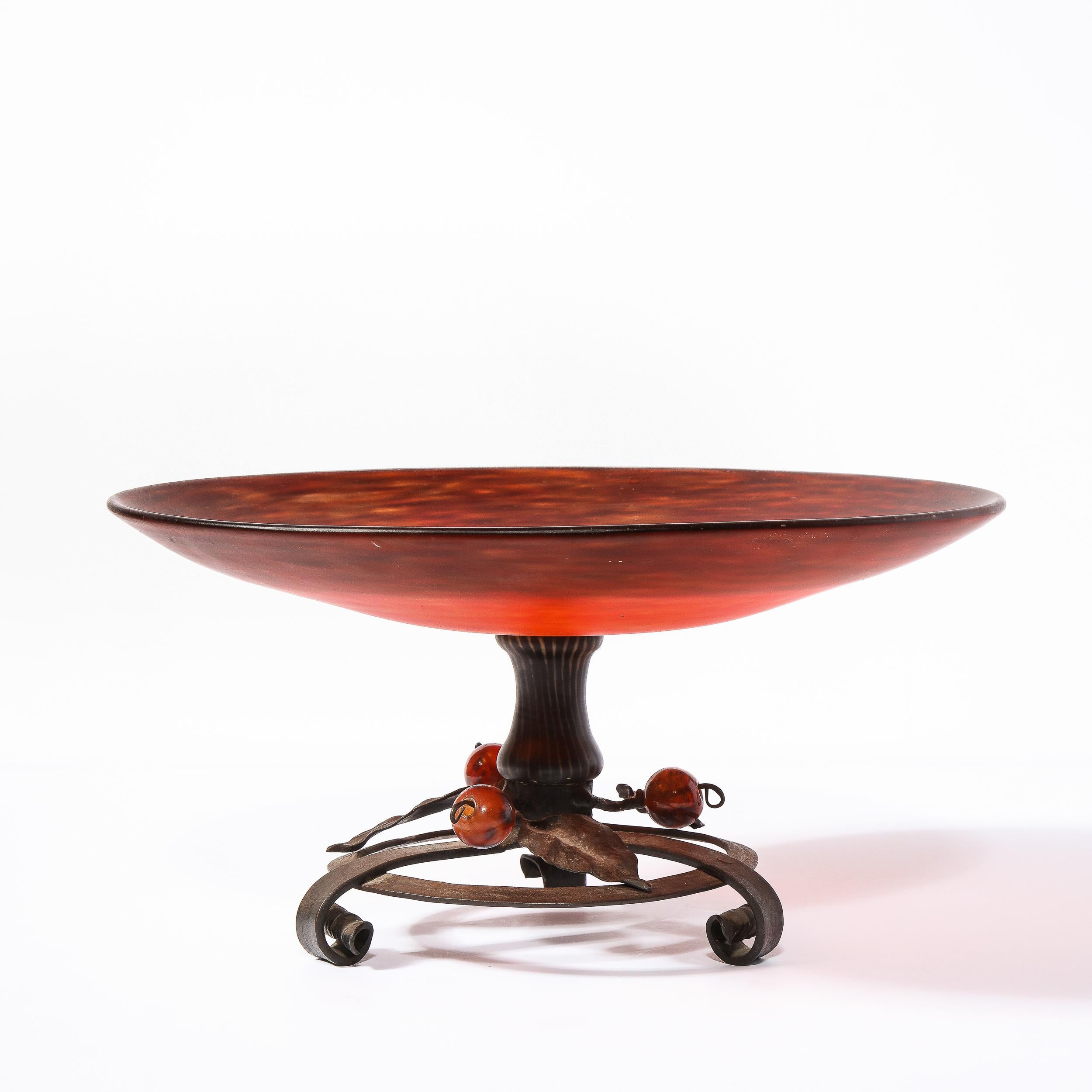 Art Deco Centerbowl w/ Sculptural Wrought Iron Base Signed Schneider In Excellent Condition In New York, NY