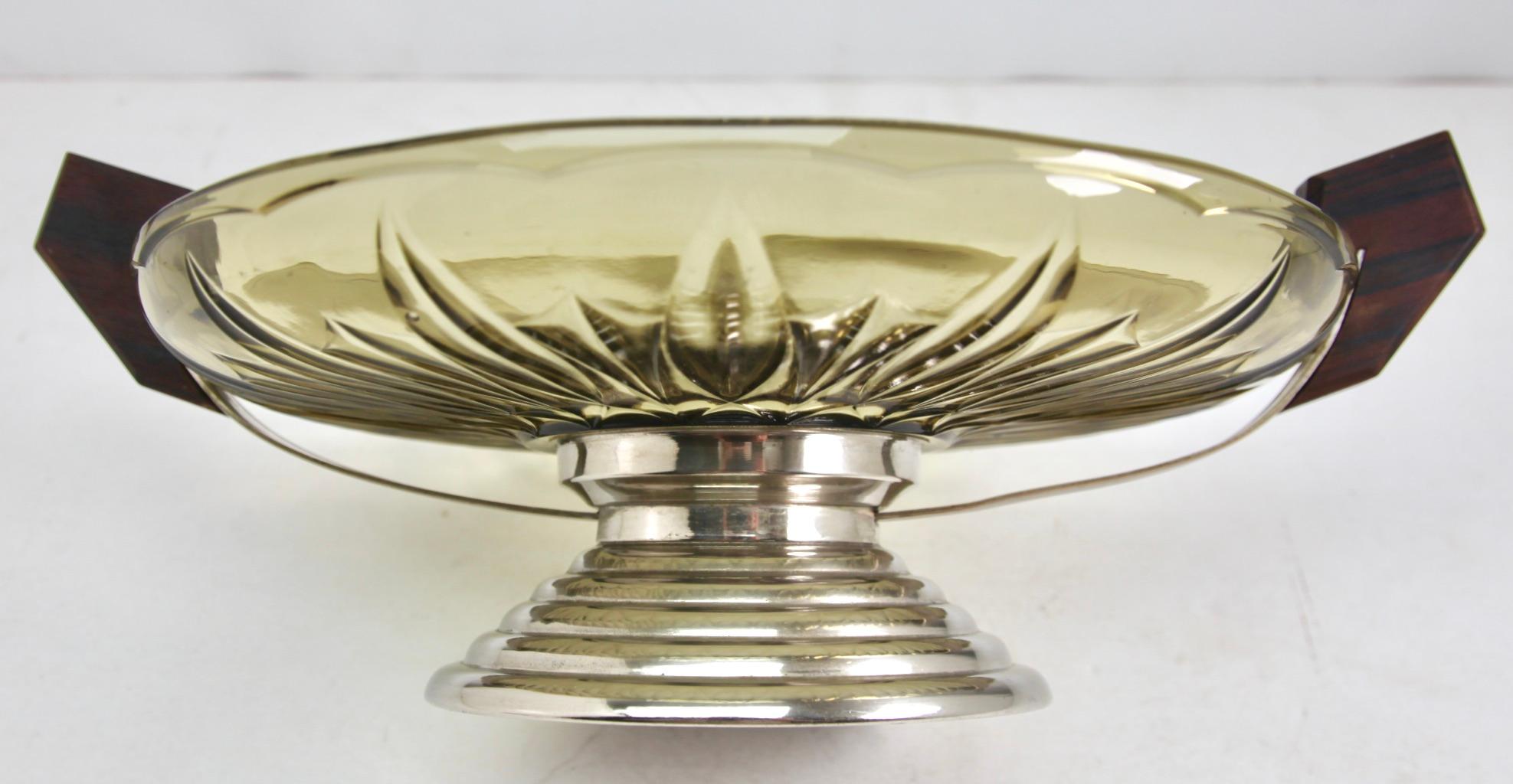 Art Deco Centerpiece Fruit Bowl, Pressed Glass Dish with Handle/Carrier in Wood For Sale 2