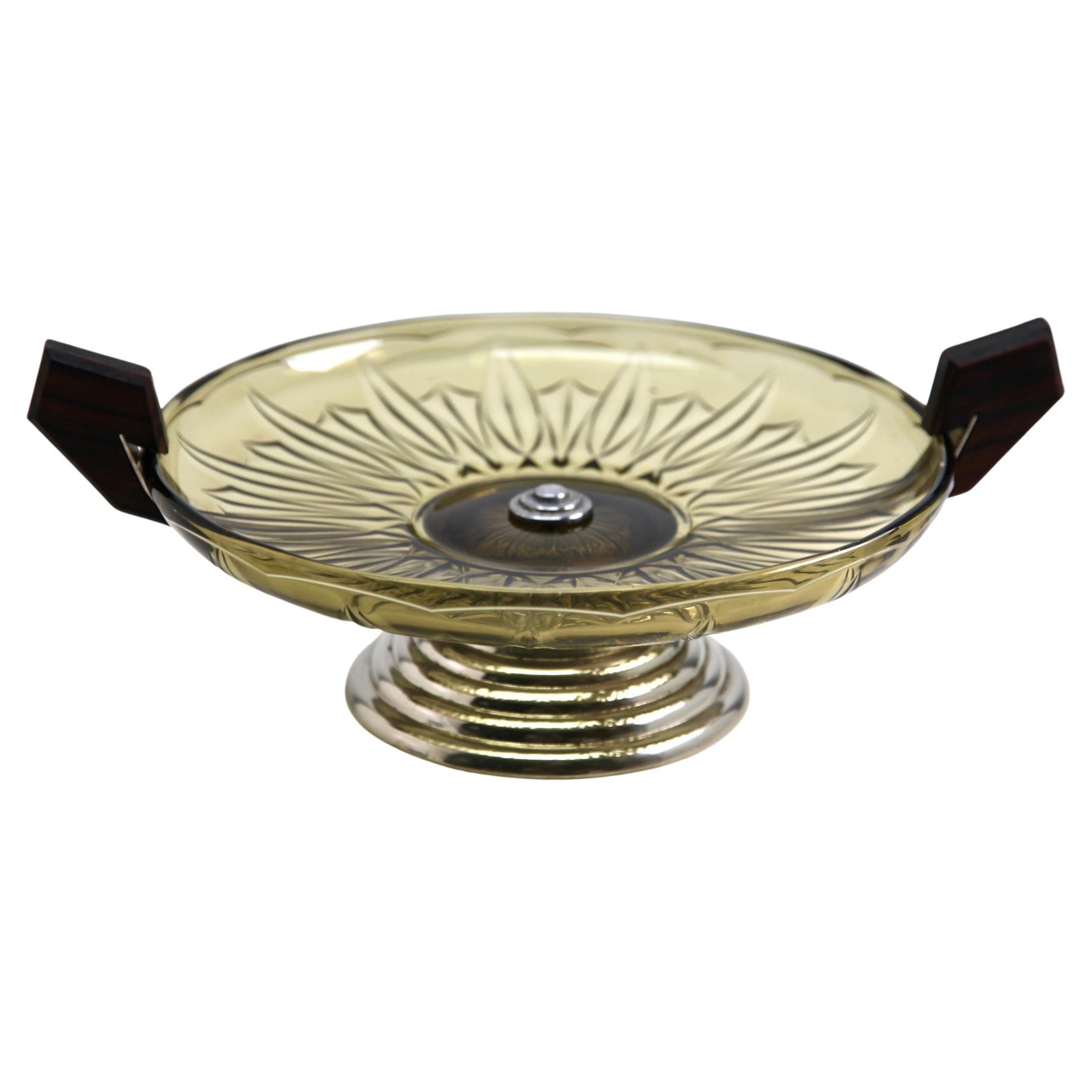 German Art Deco Centerpiece Fruit Bowl, Pressed Glass Dish with Handle/Carrier in Wood For Sale